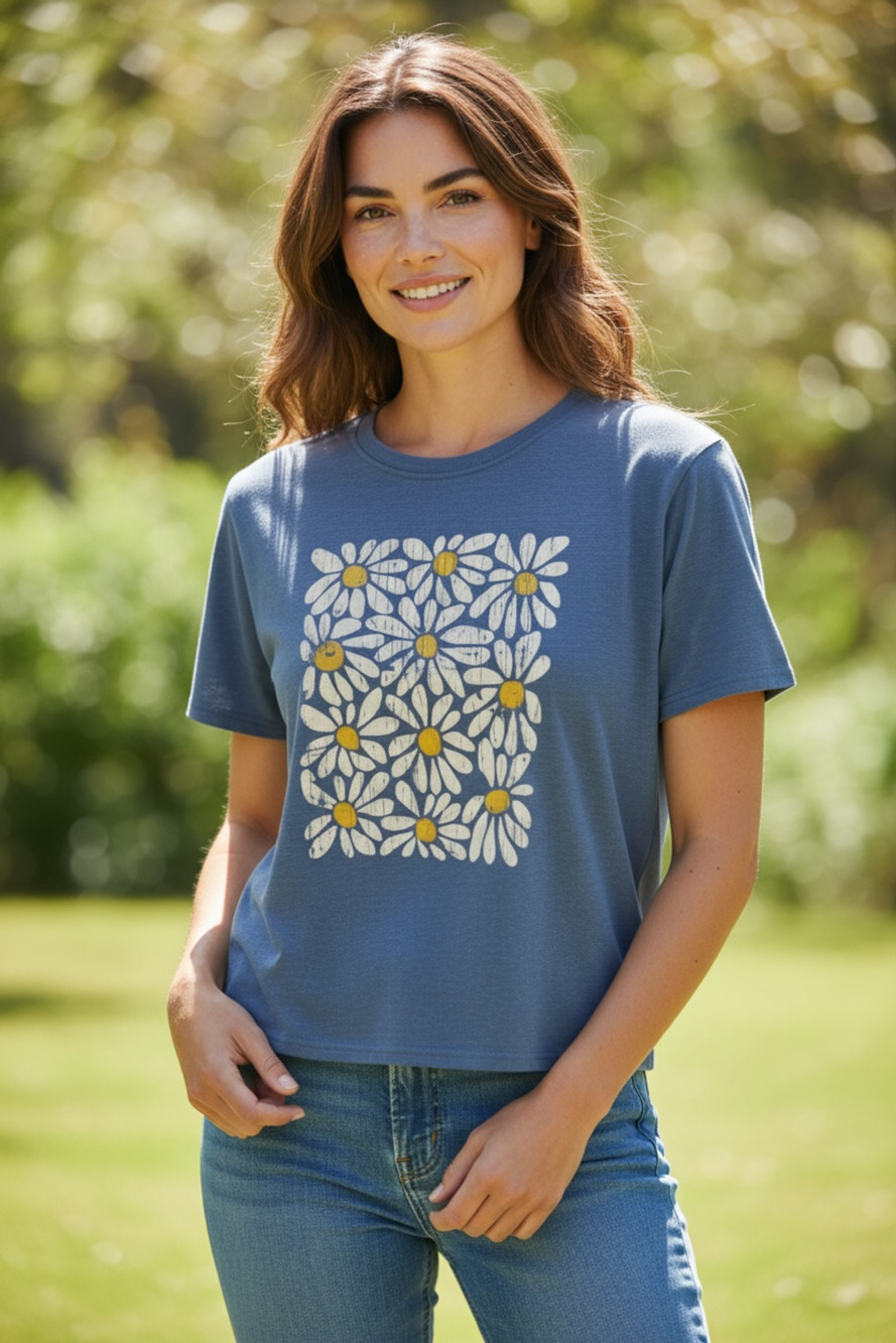 Womens Blue Daisy Print Short Sleeve Graphic T-Shirt